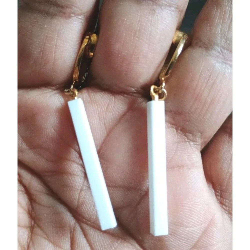White Acrylic Gold Tone Dangle Clip On Vintage Earrings